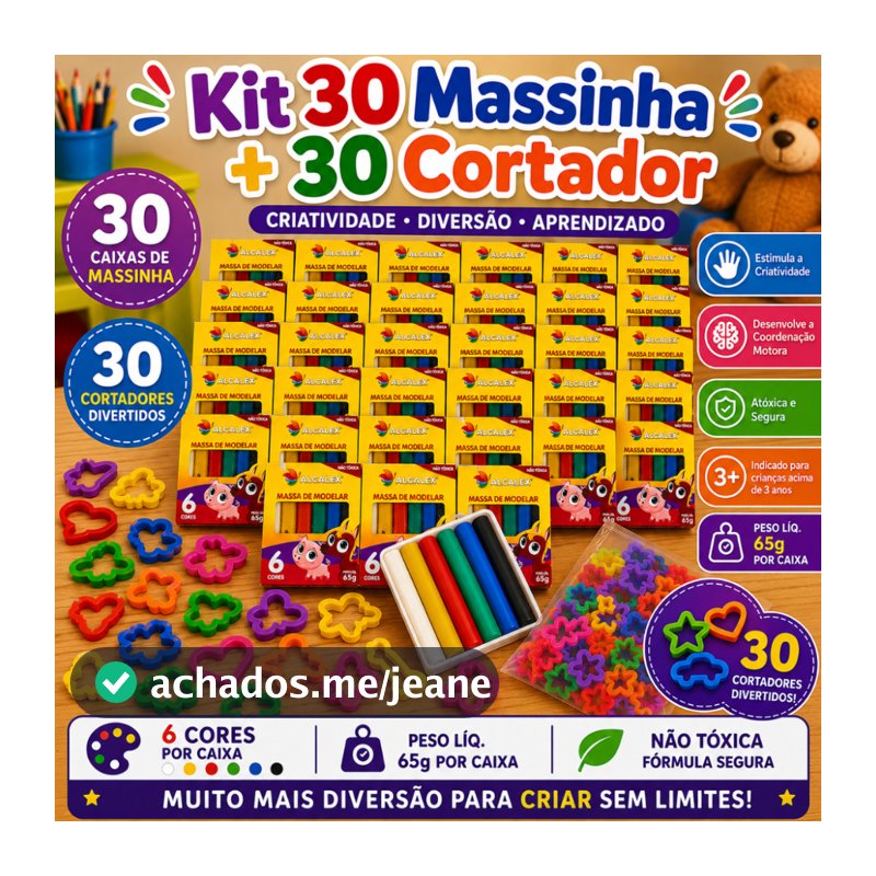 Kit 30 CX Massinha de Modelar + 30 Cortador Molde Forminha p/ Kit Festa Lembrancinha Prenda