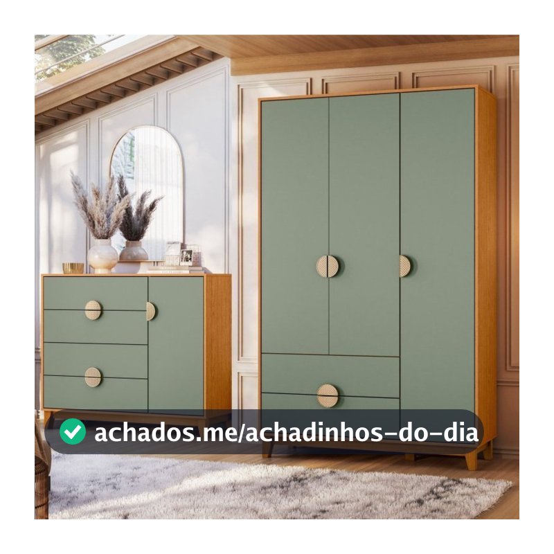 Conjunto de Quarto com Guarda-Roupa e Cômoda Ipê Marrom/Cinamomo/Sálvia