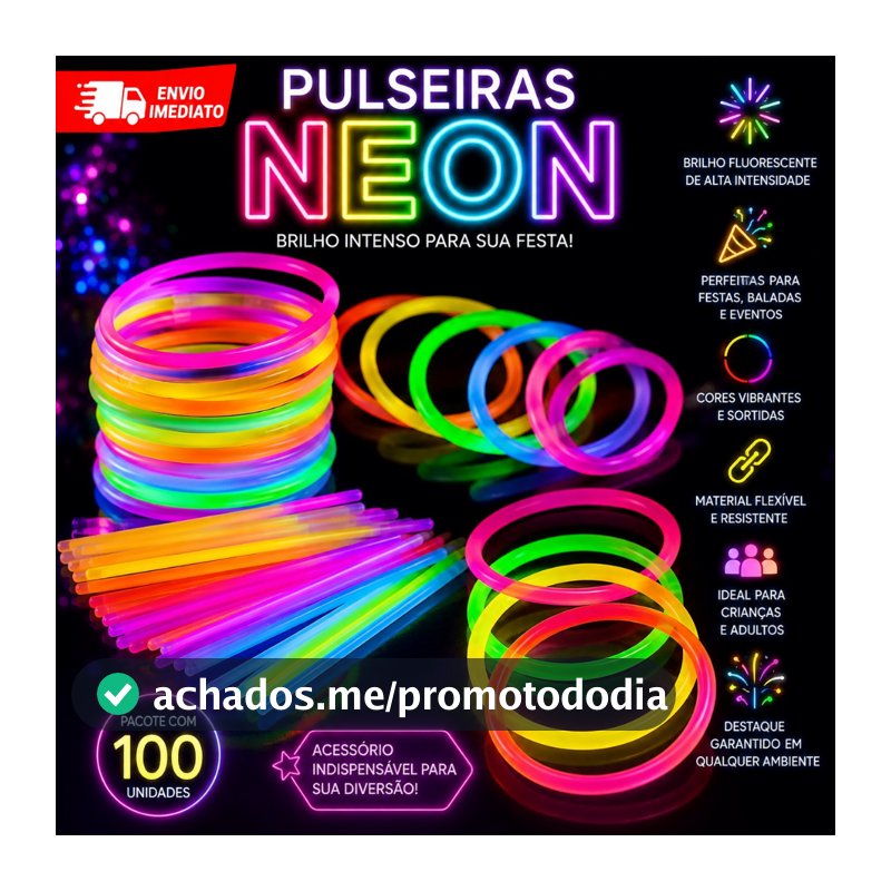 Kit com 100 Pulseiras Neon Alto Brilho Fluorescente Tubo Diversas Cores Brilha no Escuro Festas