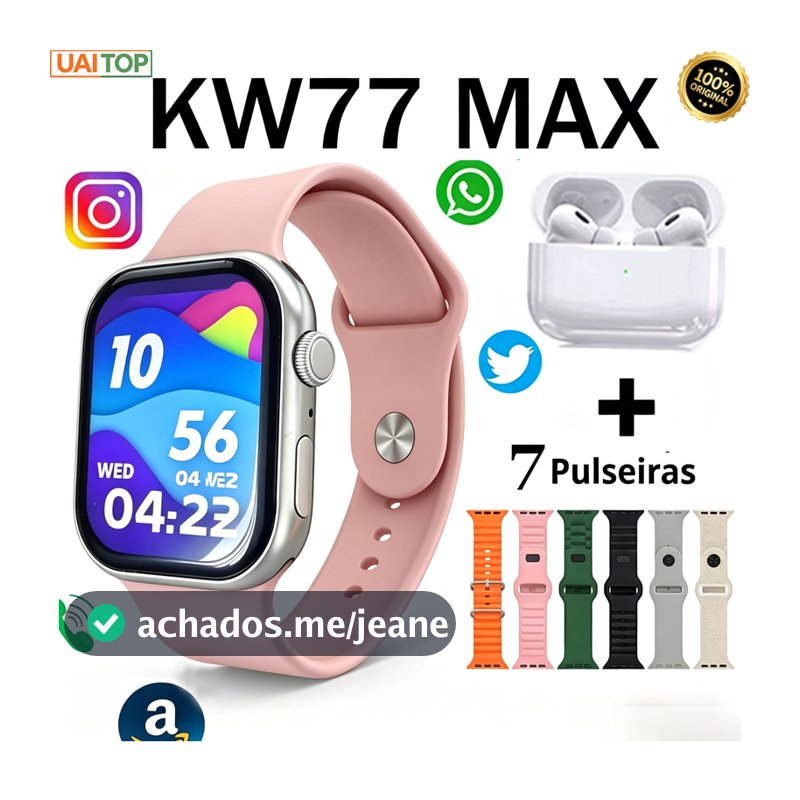 Smartwatch KW77 Max + Fone Notificações WhatsApp e 7 Pulseira Papel de parede personalizado para presente de aniversário
