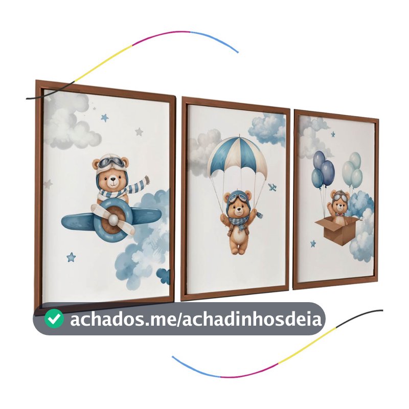Conjunto de 3 Quadros Decorativos Infantis com moldura Urso Aviador em Azul Arte para Quarto de Bebê