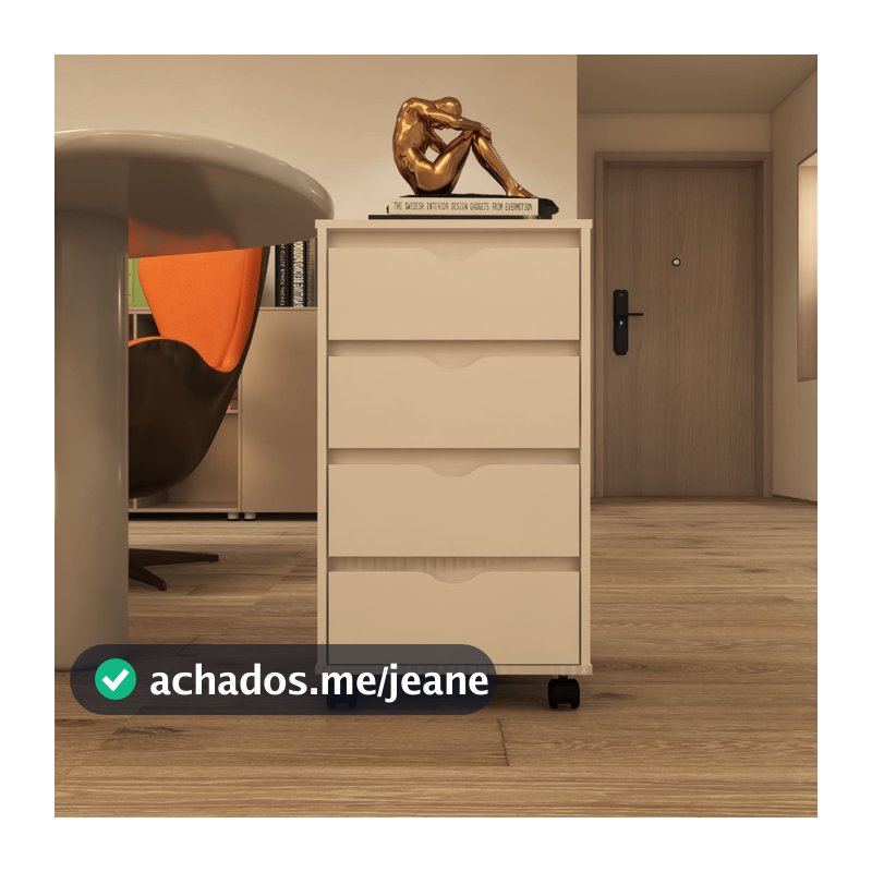 Gaveteiro Organizador Escritório Home Office 4 Gavetas Rodízios 100% MDF Corrediças Telescópicas Fulldecor - Mod.0701