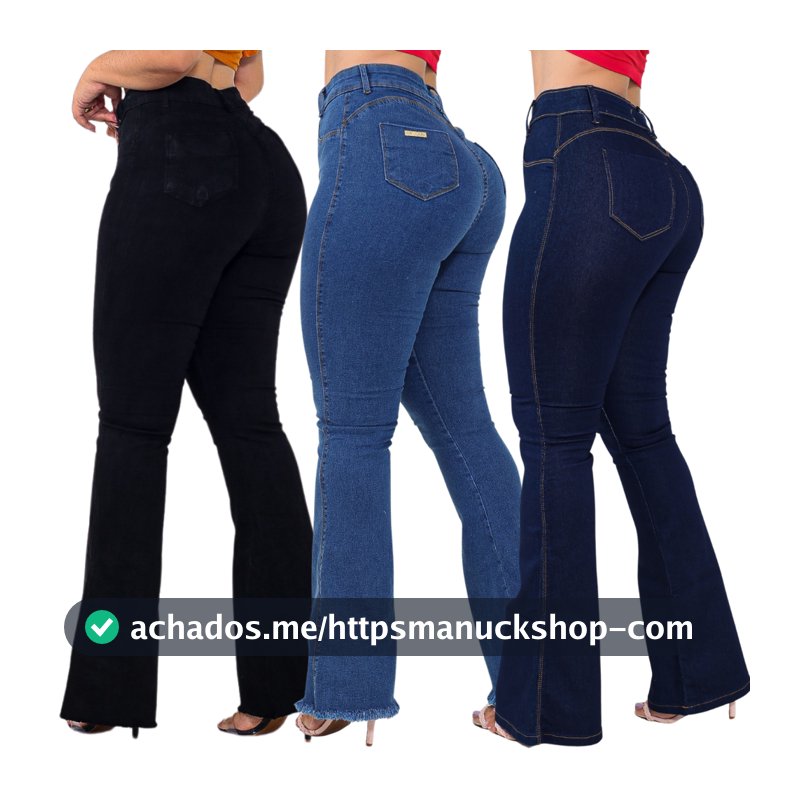 Kit 03 Calças Flare Feminina Jeans Escura Modelagem Empina Bumbum Lycra Cos Alto Boca de Sino