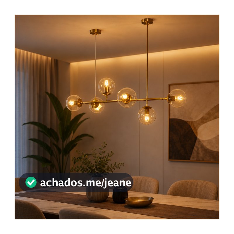 Lustre Pendente Jabuticaba Dourado Com 6 Bolas Globos Âmbar para Ilha Bancada Sala de Jantar Moderno Luxo INL85