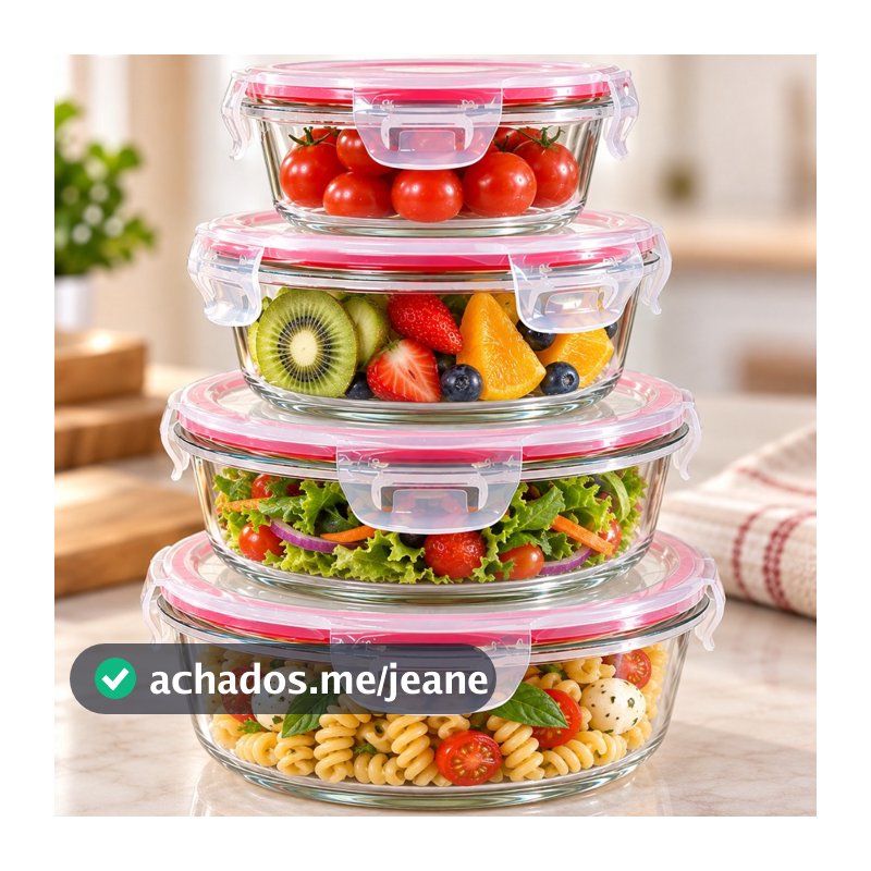 Kit 4 Potes Herméticos Vidro Redondo com Trava Micro-ondas Freezer