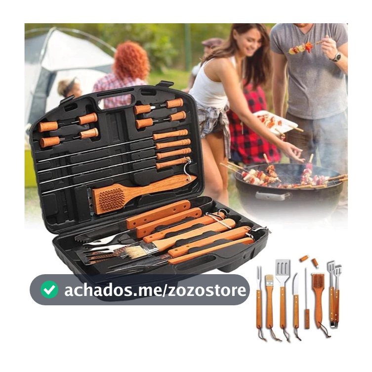 Kit Churrasco 18/9 Peças Completo Aço e cabo de madeira Inox Faca, garfo, Pegador, Espátula, Amolador, e pegador petisco