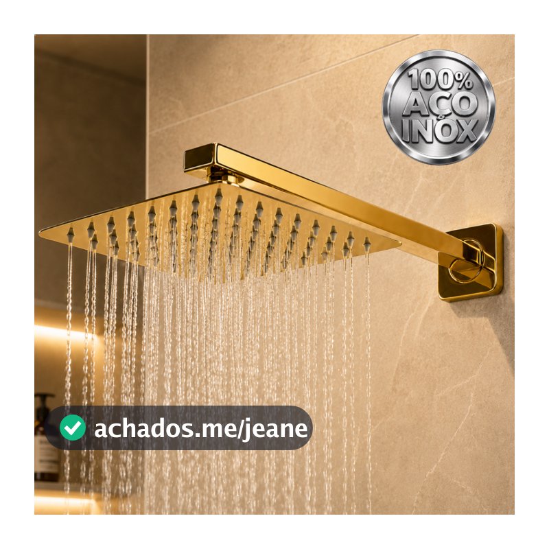 Ducha Chuveiro Aço Inox 20x20cm Slim Quadrada Com Braço Suporte Solar Ou Gás Gold