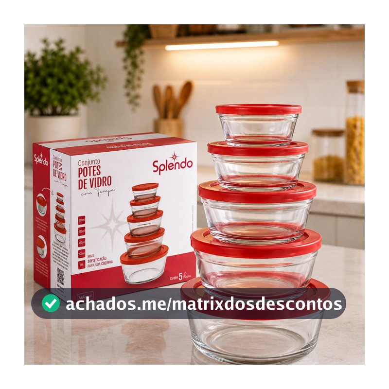 Jogo Kit 5 Pote Tigelas De Vidro Com Tampa Redondo Cozinha