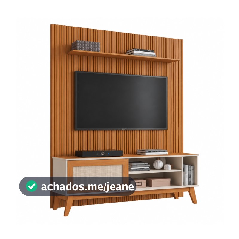 Rack Bancada Caribe Com Painel Para TV Até 55 Polegadas 1,35m Egeo Cedro/Off White Ripado Impressão 3D EDN