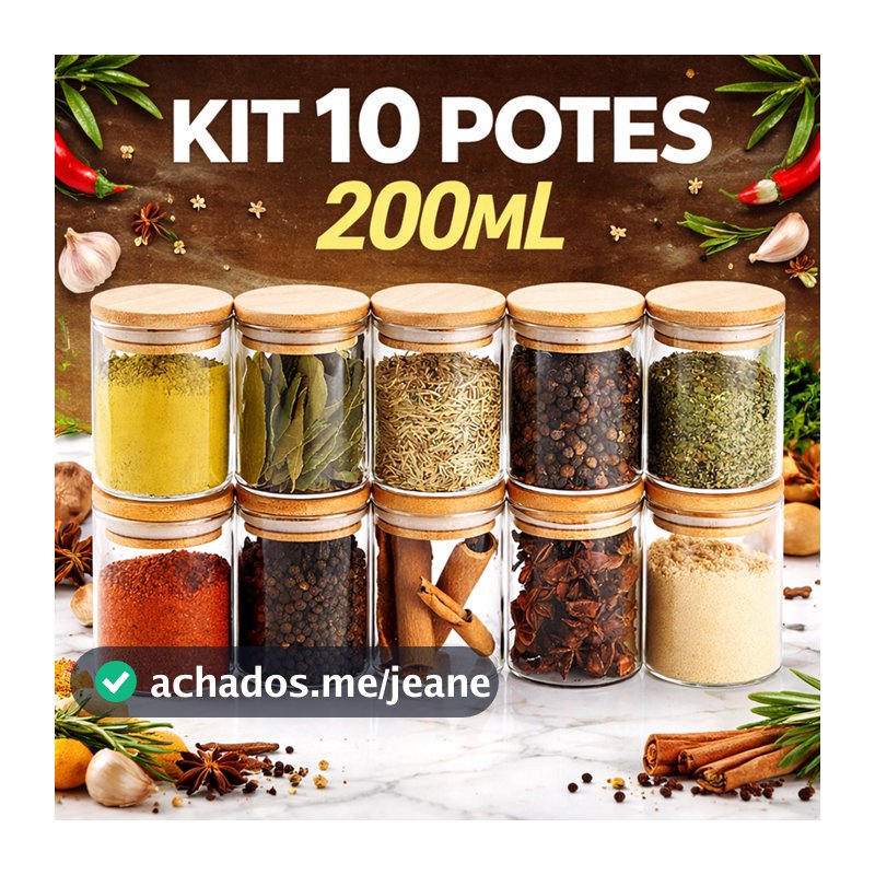 Conjunto 10 Potes Vidro Hermético 200ml Tampa De Bambu Cor Natural