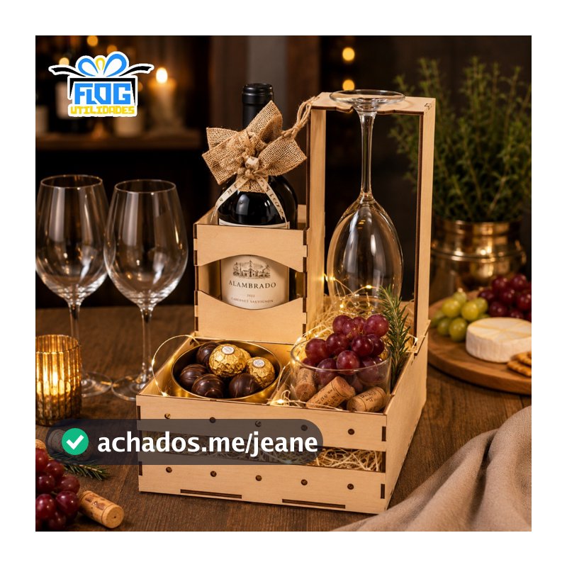 Kit Bandejas p/ VINHO e TAÇA suporte caixa Presente Lembrança Celebre O Amor - MDF / Cesta Papelaria Festa Natal