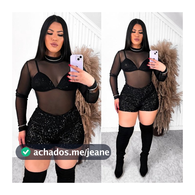 Look Completo Paetê (Top Cropped Paetê, Body de Tule e Shorts Paetê)
