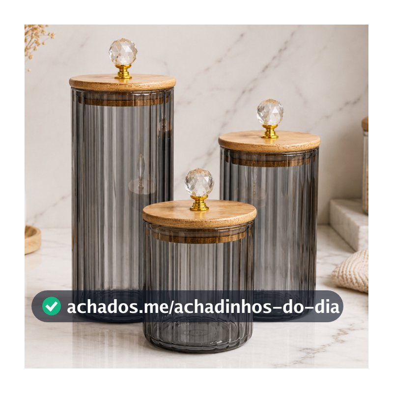 Kit Potes Herméticos de Vidro Canelado Fumê Porta Mantimentos c/ Tampa Bambu 1000ml 750ml e 500ml black