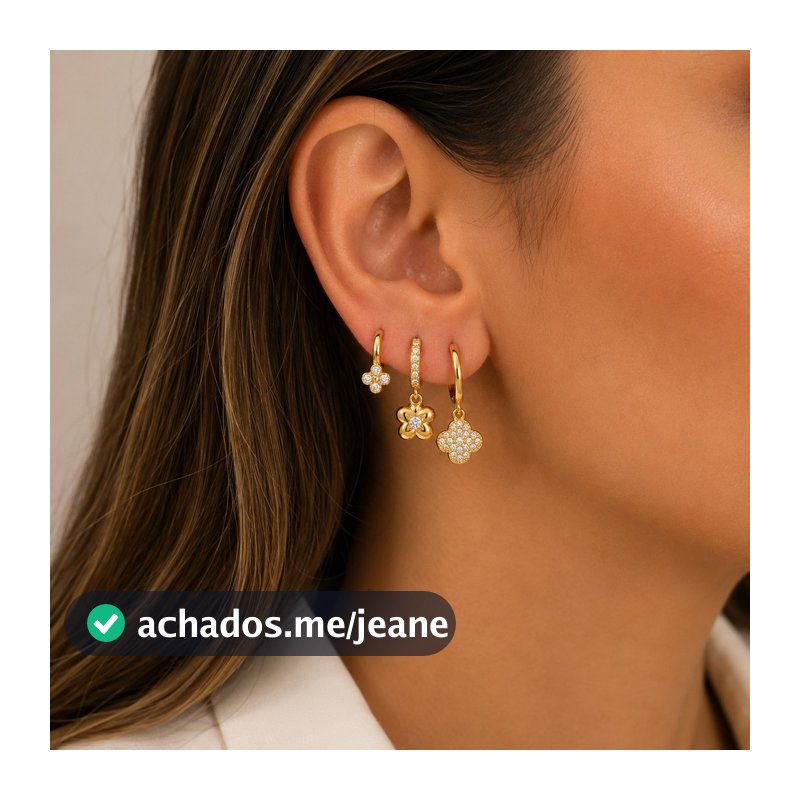 Brinco Trio Argola Trevo Banho Ouro 18k Banho Ródio Semijoia Feminino Dourado
