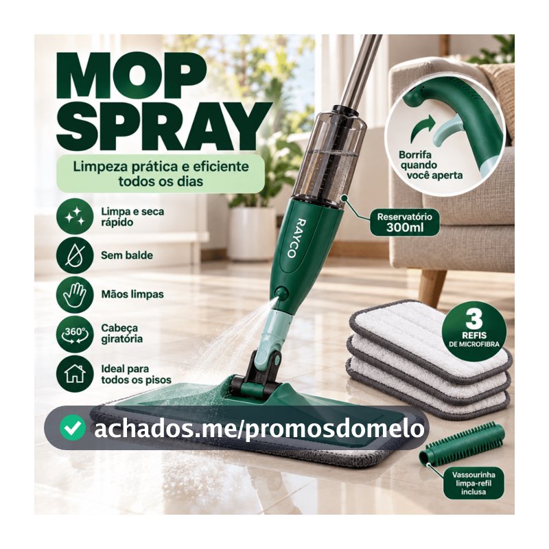 Mop Spray com Reservatório Reforçado Rodo Mágico Esfregão Microfibra 2 Refil Extra Limpeza Piso