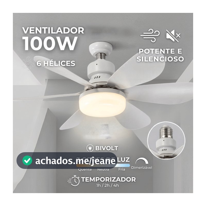 Ventilador 100w 6 Hélices com Lâmpada de Teto E27 Silencioso Potente Bivolt 3 Cores de luz com temporizador Dimerizador