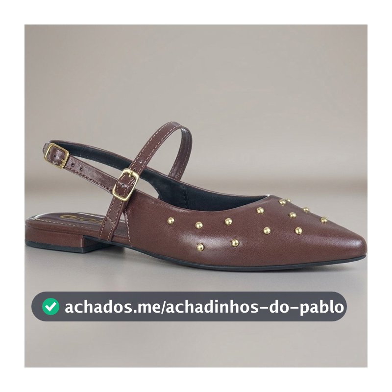 Sapatilha Feminina Slingback Bico Fino Com Tachas Douradas e Fivela Ajuste Seguro Confortável Vivi GiGiL