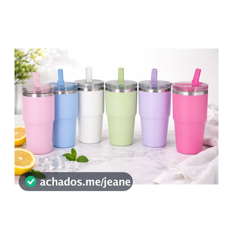 NOVO Copo Térmico Colorido 420ml com Bico Embutido e Tampa Transparente, Inox Antivazamento