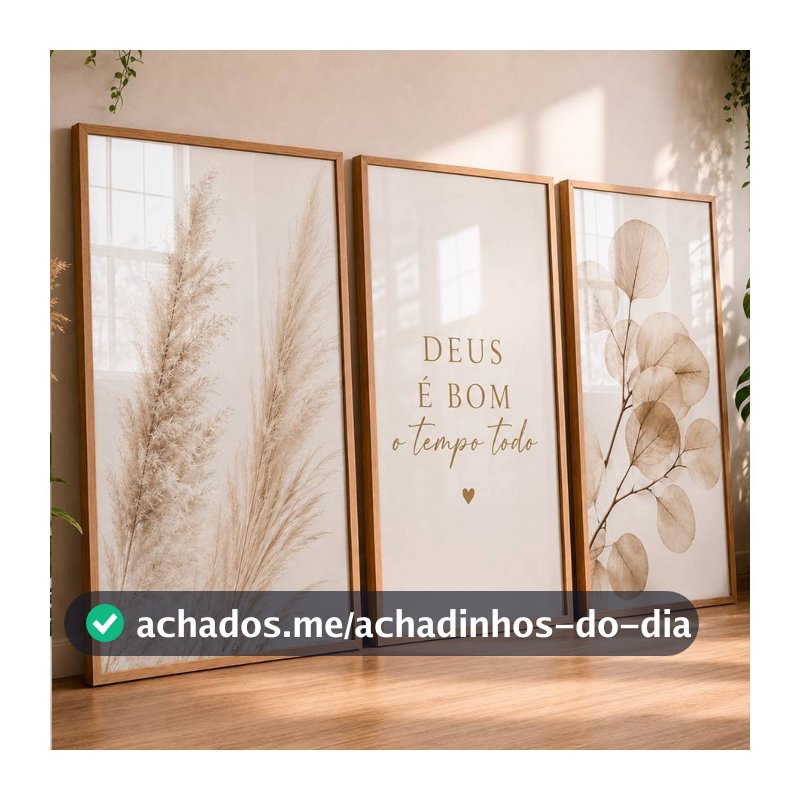 Quadro Decorativo Trio Flores Minamislista Clean Douradas Deus é Bom o Tempo Todo Para Sala Quarto 4K