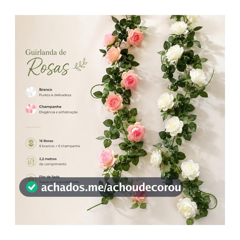Kit 2 Rosa Artificial Branca 2,2m com 16 Flores, Corda de Flores Decorativa para Parede, Festa, Casamento e Casa