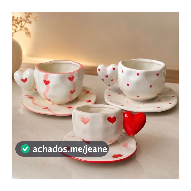 Unidade | Xícara Com Pires - 350ml em Cerâmica Designer Orgânico Heart Coração Xícara Divertida em Forma de Coração