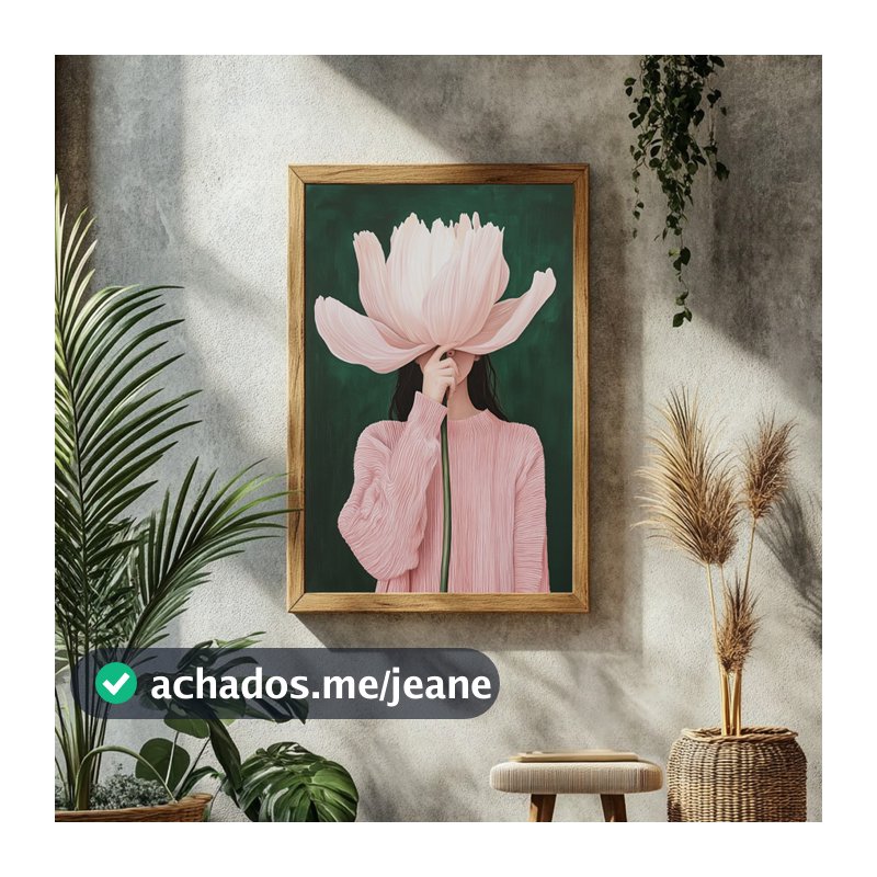 Quadro Decorativo Mulher com Flor Rosa no Rosto Arte Minimalista Moderna com Moldura