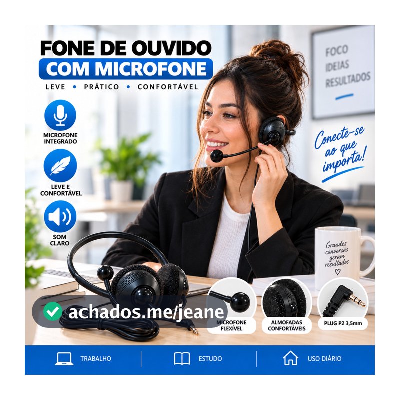 Fone De Ouvido Headset Com Microfone P2 3,5mm Com Fio Design Leve Para Trabalho Estudo Home Office E Chamadas