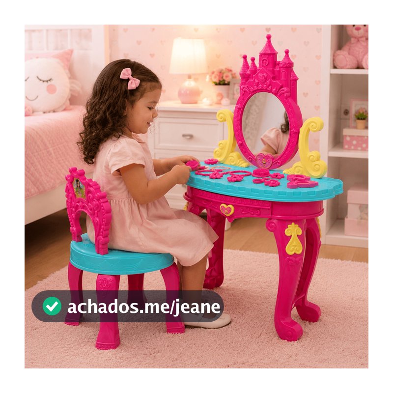 Brinquedo Penteadeira Princesas Infantil com Banquinho e 13 Acessórios