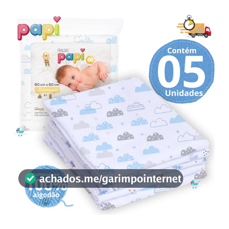 Fralda de Pano Bebê 60x60cm 100% Algodão Kit 5, 10 ou 15 Unidades Papi – Azul Rosa Branco Neutro