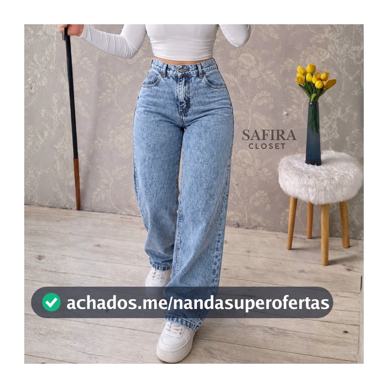 Calça Wide Leg Jeans Feminina Marmorizada Cintura Alta 100% Algodão Premium