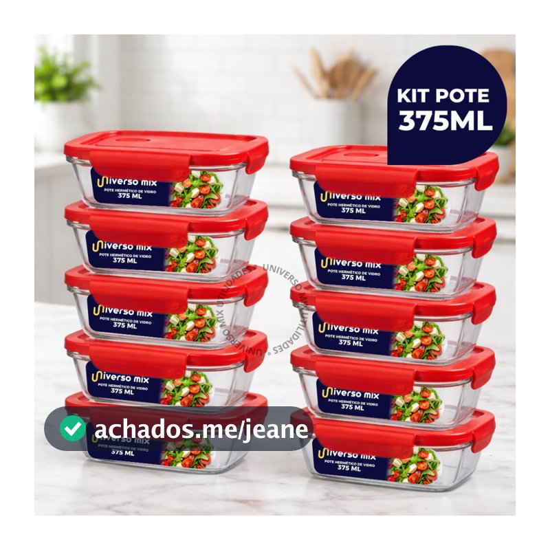 Kit 10 ou 5 Potes Vidro Retangular Hermético 375ml 4 Travas Marmita Premium Vermelho