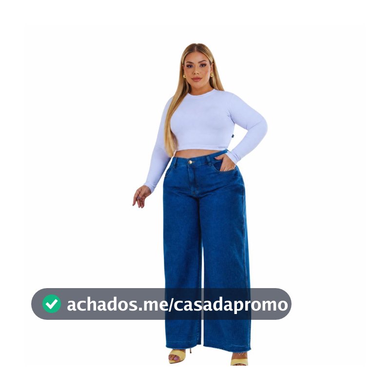 Calça Feminina Wide Leg Plus Size Jeans Sem Elastano Cintura Alta Premium Curve