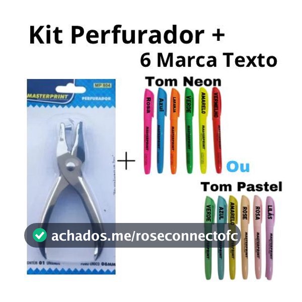 Kit 6 Caneta Marca Texto Neon ou Pastel + 1 Perfurador Furador de Papel Alicate 1 Furo 6mm de Metal Masterprint