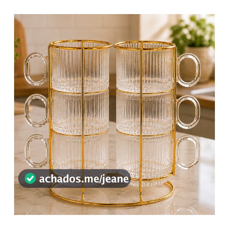 Conjunto 6 Xícaras Graffiato 170ml + Suporte Metal Dourado