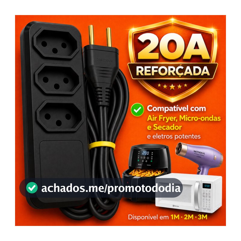 Extensão Elétrica 20A 3 Tomadas Bivolt 110 / 220 V Para Airfryer Micro-ondas Secador 1M 2M 3 Metros