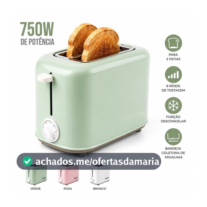 Torradeira Elétrica 2 Fatias 750W 6 Níveis Função Descongelar Bandeja Removível 110/220V RT-TS201