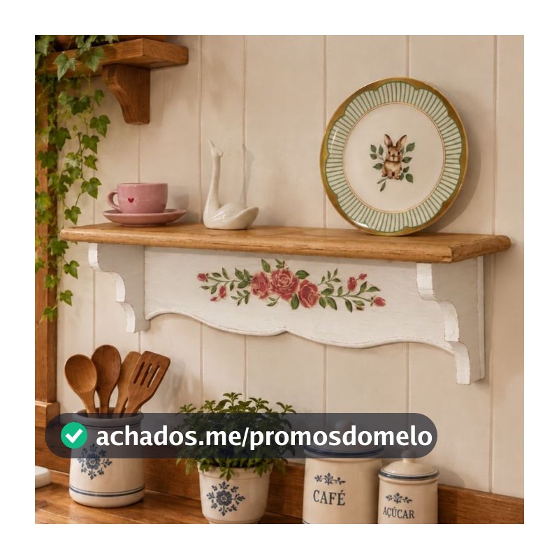 Prateleira de Parede de Madeira Rústica com Estampa Floral para Cozinha e Sala