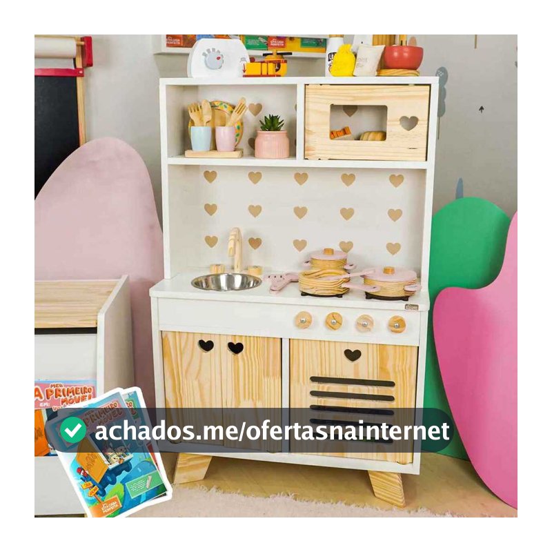 Cozinha Infantil Petit Madeira MDF Pia Fogão e Microondas Mini Cozinha Montessori Faz de Conta Kit Livro Educativo