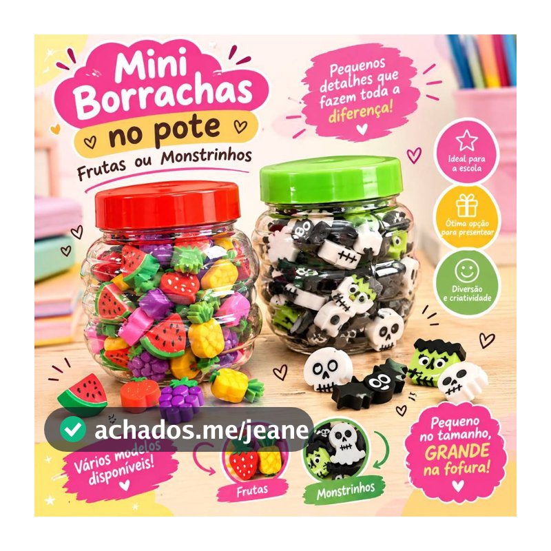 Mini Borrachas Decoradas no Pote Frutas ou Monstrinhos Papelaria Infantil Escolar