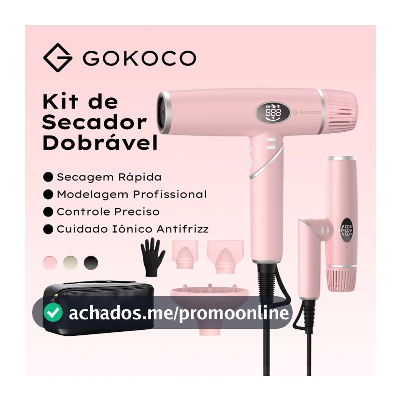 GOKOCO 3 em 1 Kit de Secador Dobravel Secagem Rapida Modelagem Profissional Cuidado Ionico Antifrizz Bivolt 110-220V