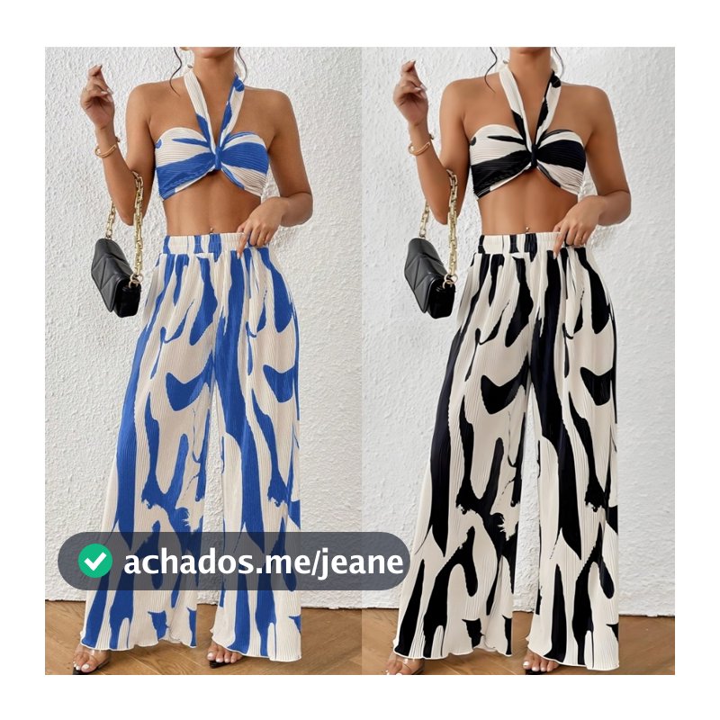 Roupa 2 Peças Feminina Casual Sem Tie Back Plissado Costas Nuas Estampa Total Pantalona Estampada