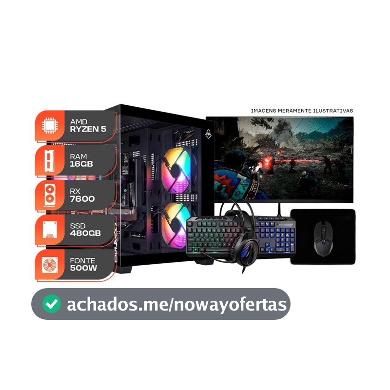 PC Gamer Spectrum, AMD Ryzen 5 5500, RX 7600 8GB, 16GB DDR4, SSD 480GB, Completo com Monitor 180Hz e Periféricos