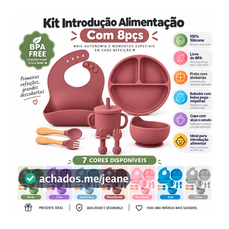 Kit Introdução Alimentar Bebê 8 Peças Silicone Prato Ventosa Babador Copo Bowl Talheres