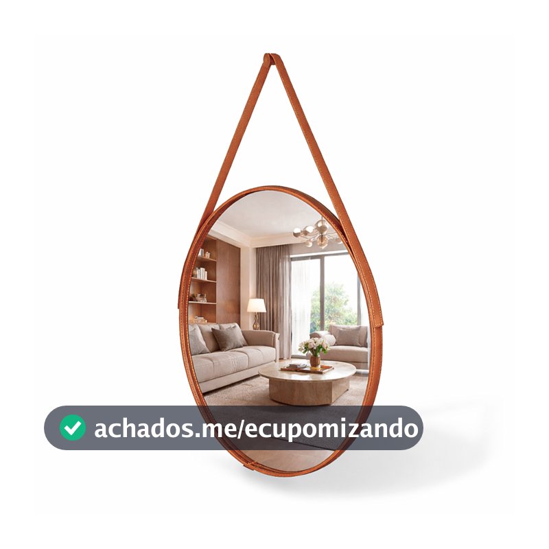 Espelho Redondo Decorativo Adnet Alça Couro Suporte 60cm Sala Quarto Banheiro