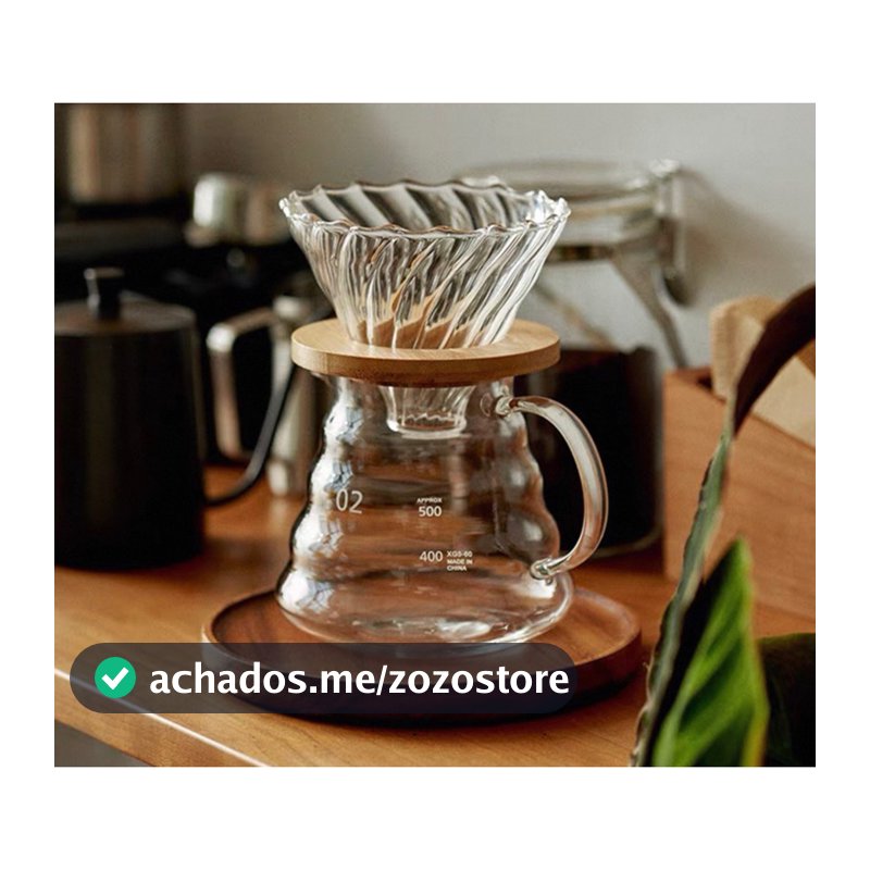 Conjunto Coador Para Café De Vidro + Jarra e Bocal Em Bambu 600ML
