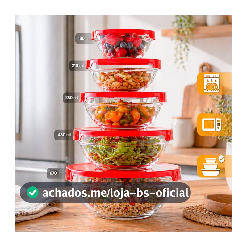Kit 5 Tigelas de Vidro RedondasTampas Herméticas Potes Cozinha e Armazenamento