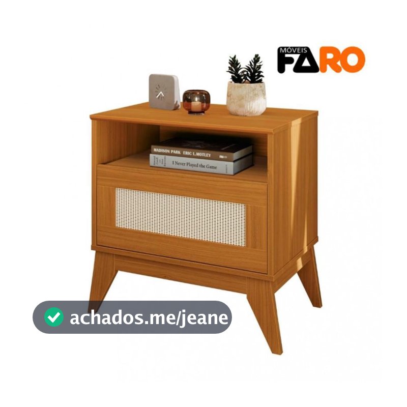 Mesa de Cabeceira Retrô Rattan com 1 Gaveta e Nicho - Pés em MDF EDN