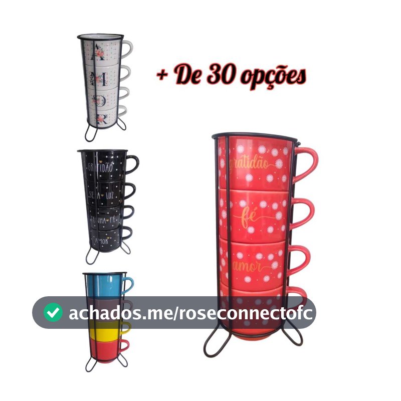 Kit Jogo 4  Xícaras Canecas Porcelana Empilhável Decoradas Café Chá presente + Suporte Metal