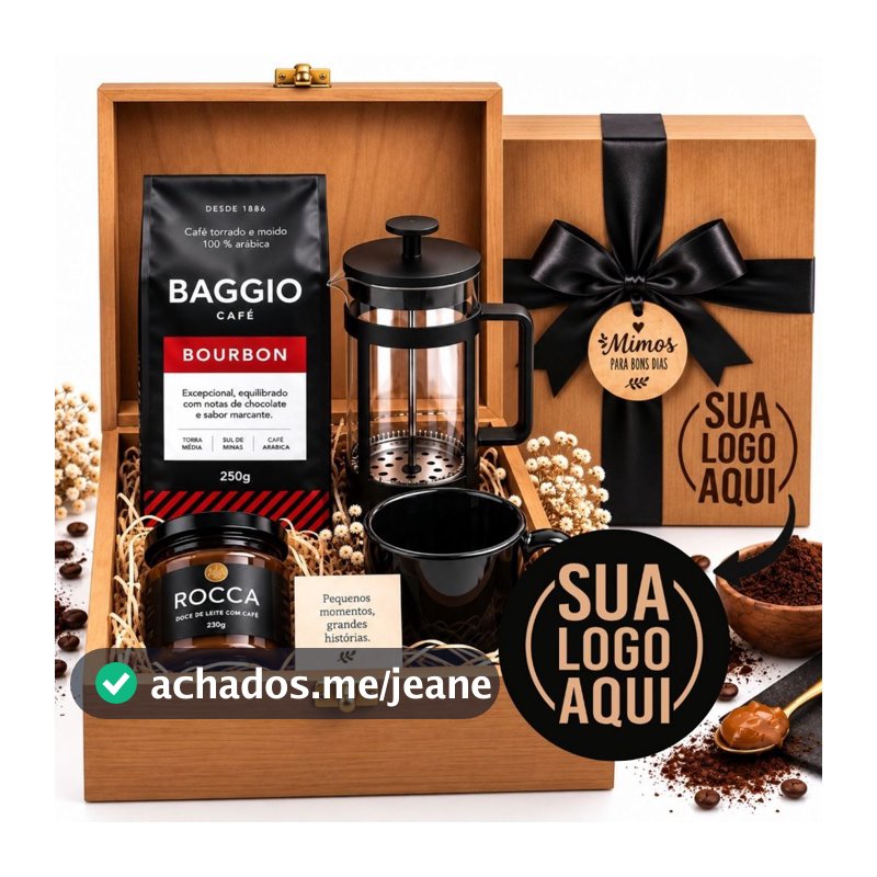 Cesta Presente Kit Café Gourmet Baggio ou Orfeu. Maleta em Madeira Personalizada - GRAVE O NOME OU SUA LOGO!