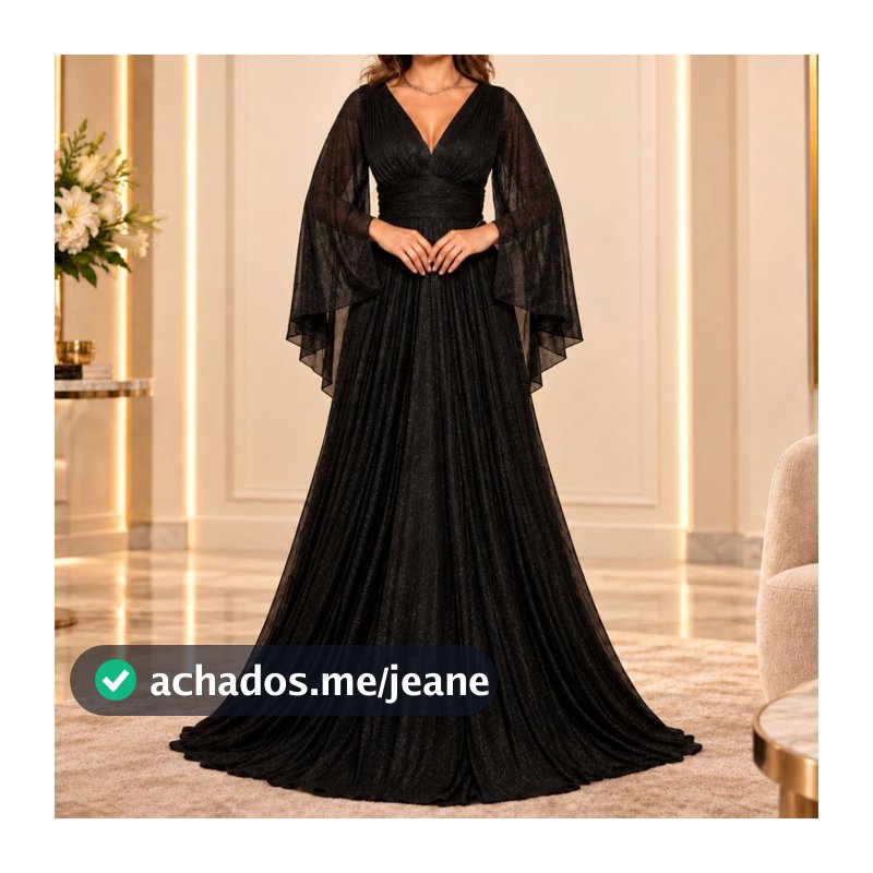 Vestido Longo de Festa com Brilho Manga Capa Decote V Madrinha Casamento Formatura
